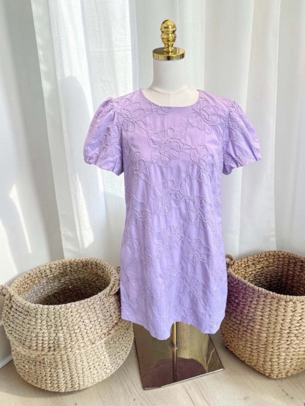 J. Crew Factory Women’s Embroidered Puff Sleeve 100% Cotton Dress Lavender Sz 10